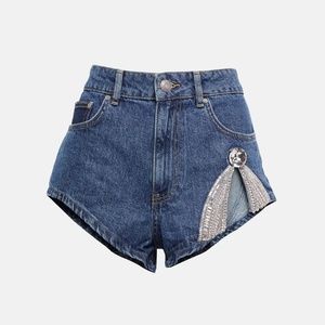 AREA Blue Denim Jean Shorts with Rhinestone Tassel